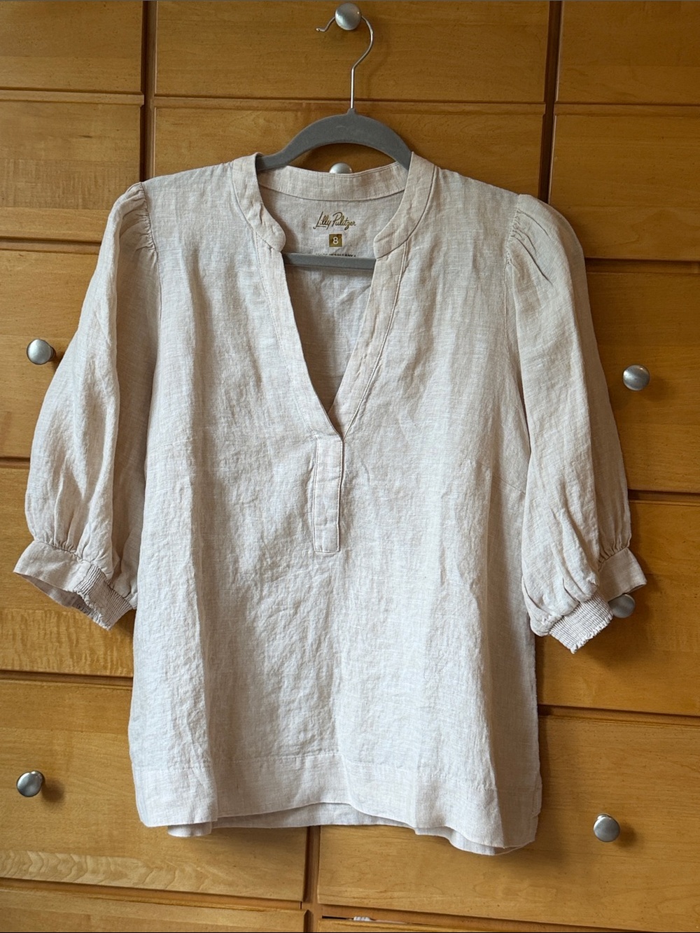 Lilly Pulitzer beige Linen Split-Neck Puff Sleeve Mialeigh blouse 8